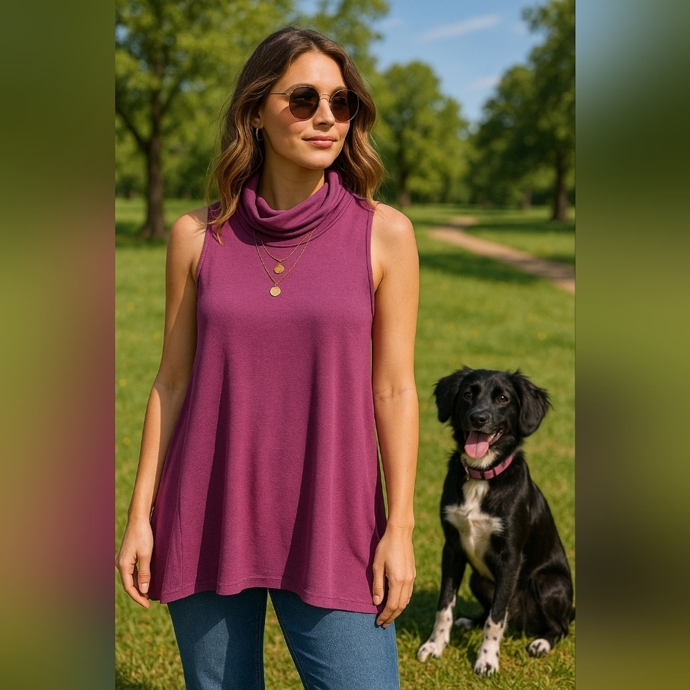 Large STYLUS Plum Sleeveless Cowl Neck Tunic Relaxed Fit Casual Minimalist